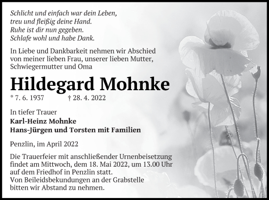 Traueranzeige von Hildegard Mohnke von Müritz-Zeitung