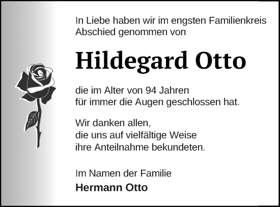 Traueranzeige von Hildegard Otto von Haff-Zeitung