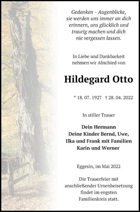 Traueranzeige von Hildegard Otto von Haff-Zeitung