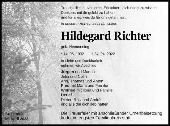 Traueranzeige von Hildegard Richter von Strelitzer Zeitung