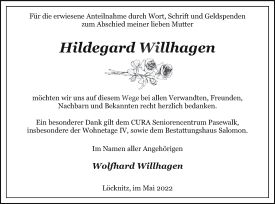 Traueranzeige von Hildegard Willhagen von Pasewalker Zeitung