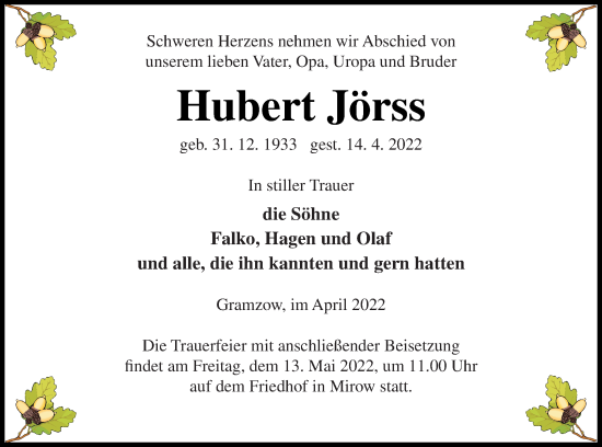 Traueranzeige von Hubert Jörss von Strelitzer Zeitung