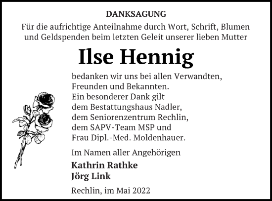 Traueranzeige von Ilse Hennig von Müritz-Zeitung