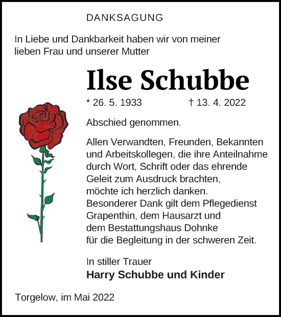 Traueranzeige von Ilse Schubbe von Haff-Zeitung