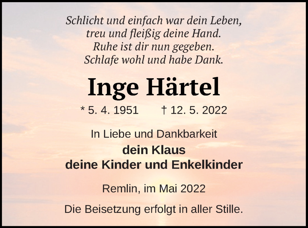  Traueranzeige für Inge Härtel vom 17.05.2022 aus Mecklenburger Schweiz