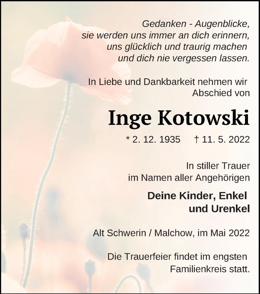  Traueranzeige für Inge Kotowski vom 14.05.2022 aus Müritz-Zeitung