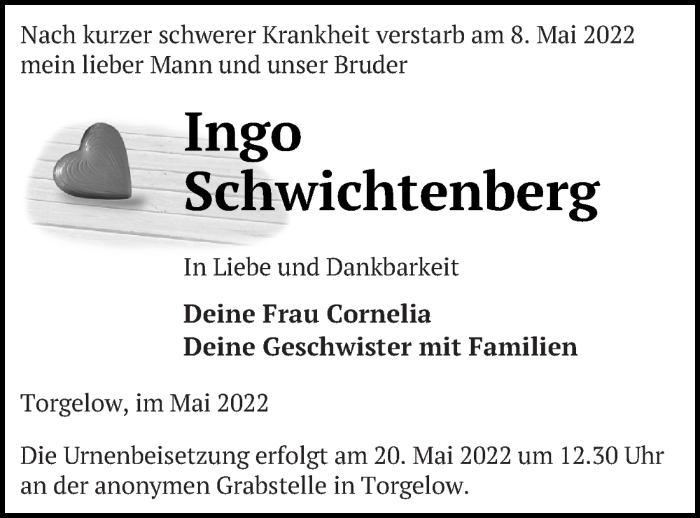  Traueranzeige für Ingo Schwichtenberg vom 12.05.2022 aus Haff-Zeitung