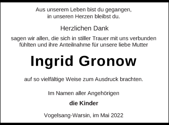 Traueranzeige von Ingrid Gronow von Haff-Zeitung