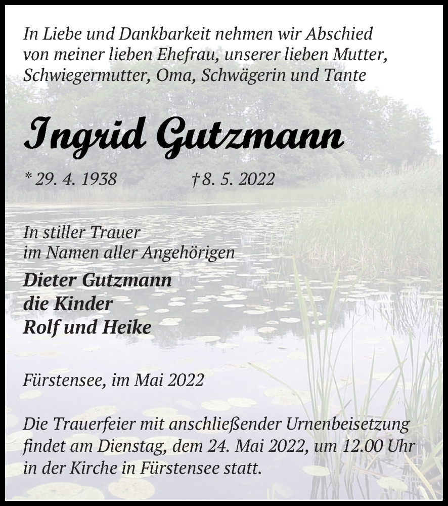  Traueranzeige für Ingrid Gutzmann vom 13.05.2022 aus Strelitzer Zeitung