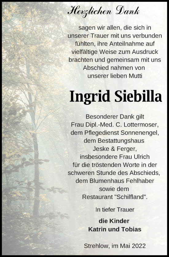 Traueranzeige von Ingrid Siebilla von Prenzlauer Zeitung