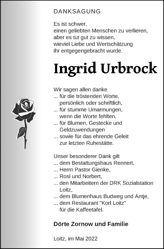 Traueranzeige von Ingrid Urbrock von Vorpommern Kurier