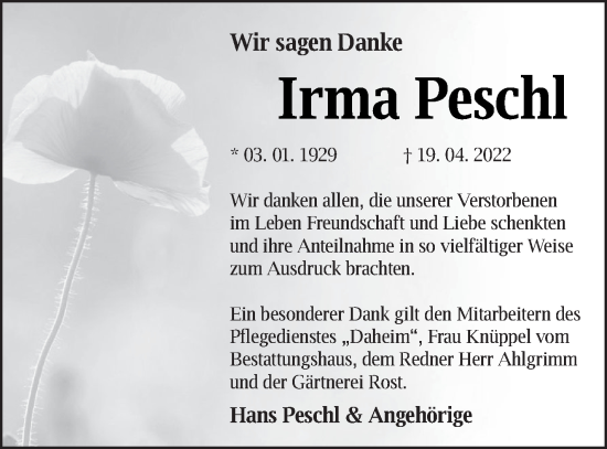 Traueranzeige von Irma Peschl von Strelitzer Zeitung