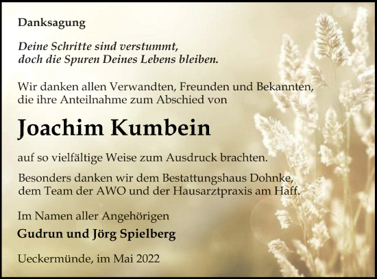 Traueranzeige von Joachim Kumbein von Haff-Zeitung