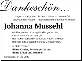 Traueranzeige von Johanna Mussehl von Strelitzer Zeitung