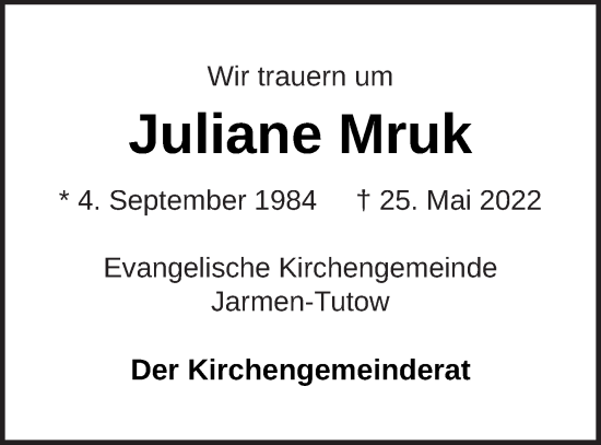 Traueranzeige von Juliane Mruk von Vorpommern Kurier