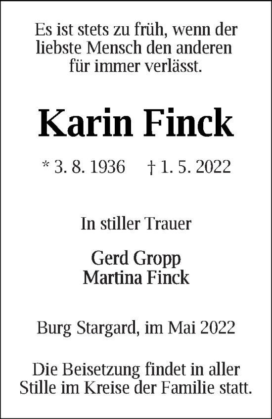 Traueranzeige von Karin Finck von Neubrandenburger Zeitung