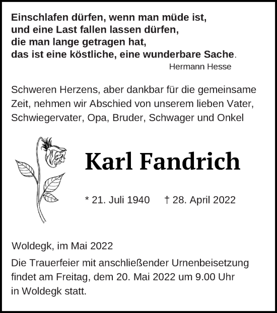 Traueranzeige von Karl Fandrich von Strelitzer Zeitung