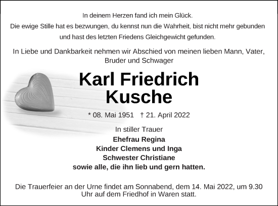 Traueranzeige von Karl Friedrich Kusche von Müritz-Zeitung