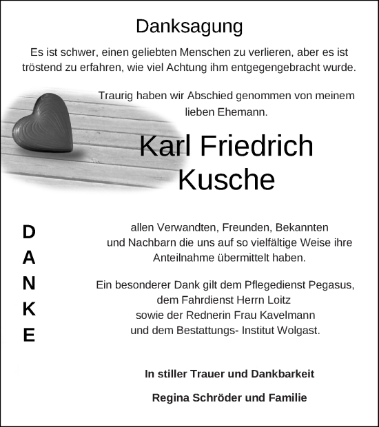 Traueranzeige von Karl Friedrich Kusche von Müritz-Zeitung