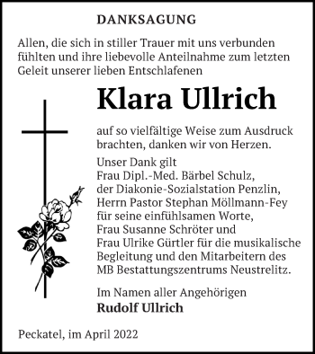 Traueranzeige von Klara Ullrich von Müritz-Zeitung