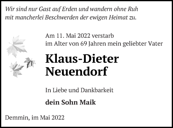 Traueranzeige von Klaus-Dieter Neuendorf von Demminer Zeitung