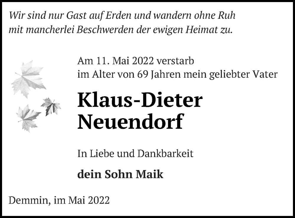  Traueranzeige für Klaus-Dieter Neuendorf vom 17.05.2022 aus Demminer Zeitung