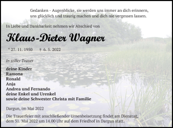 Traueranzeige von Klaus-Dieter Wagner von Mecklenburger Schweiz