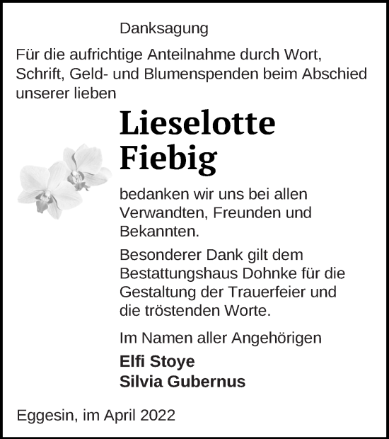 Traueranzeige von Lieselotte Fiebig von Haff-Zeitung