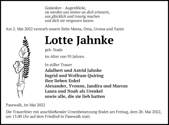 Traueranzeige von Lotte Jahnke von Pasewalker Zeitung