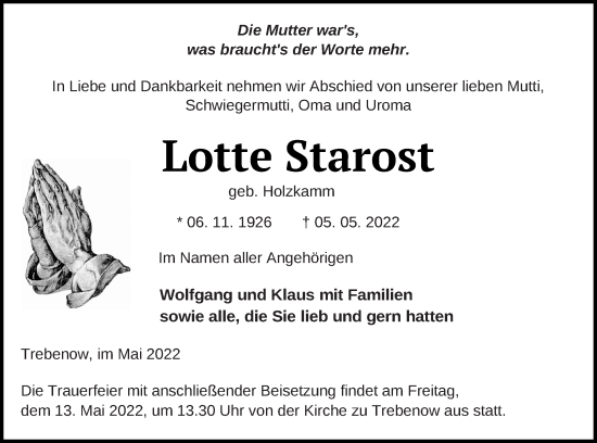 Traueranzeige von Lotte Starost von Prenzlauer Zeitung