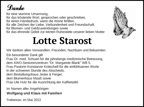 Traueranzeige von Lotte Starost von Prenzlauer Zeitung