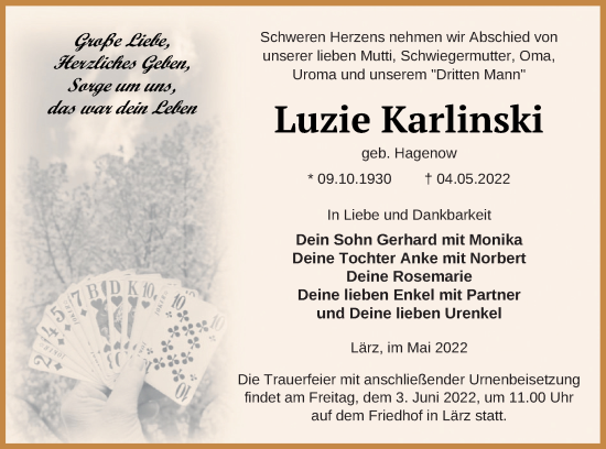 Traueranzeige von Luzie Karlinski von Müritz-Zeitung