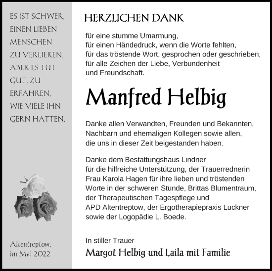 Traueranzeige von Manfred Helbig von Neubrandenburger Zeitung