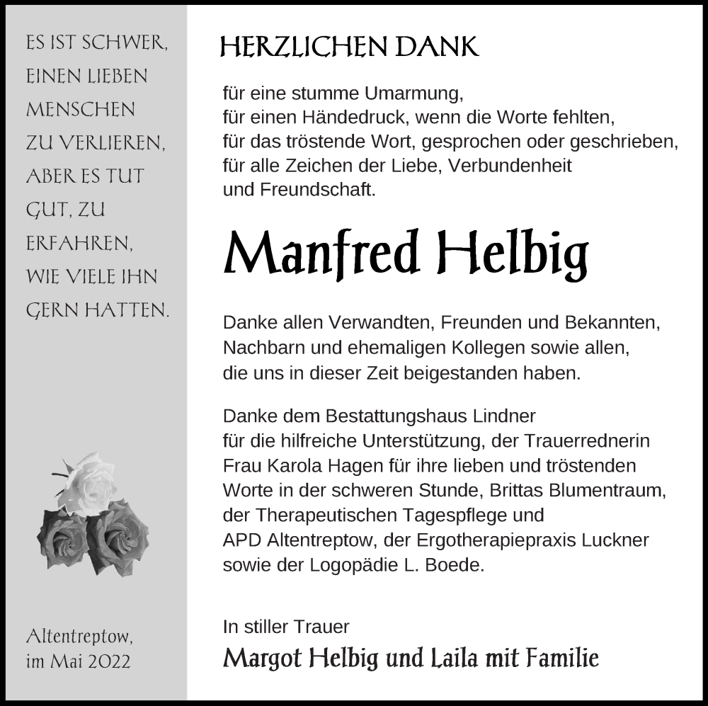  Traueranzeige für Manfred Helbig vom 27.05.2022 aus Neubrandenburger Zeitung