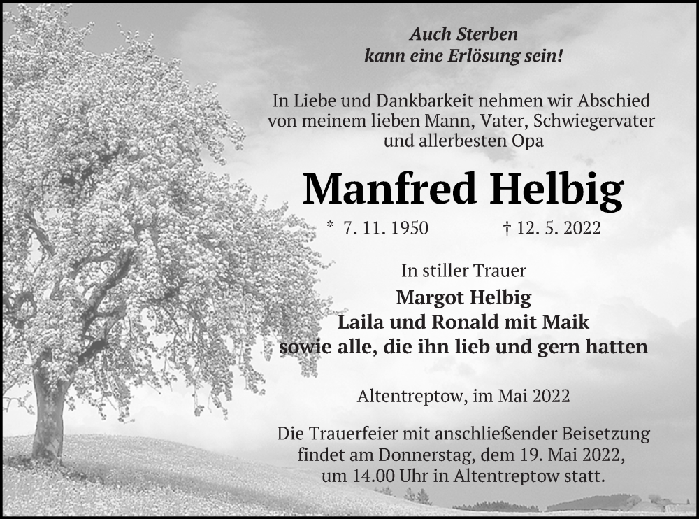  Traueranzeige für Manfred Helbig vom 14.05.2022 aus Neubrandenburger Zeitung