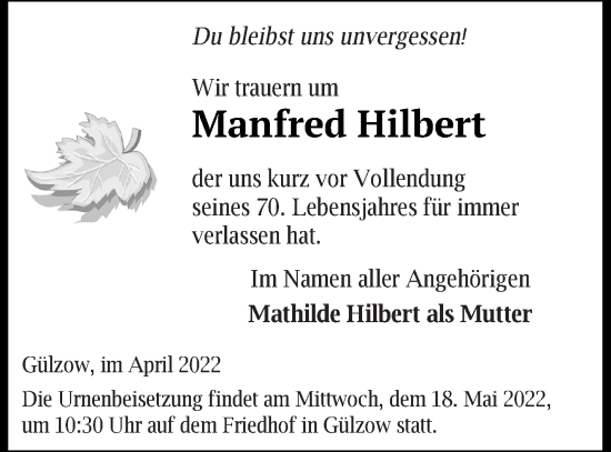 Traueranzeige von Manfred Hilbert von Mecklenburger Schweiz