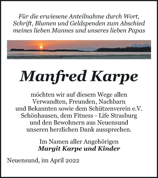 Traueranzeige von Manfred Karpe von Pasewalker Zeitung