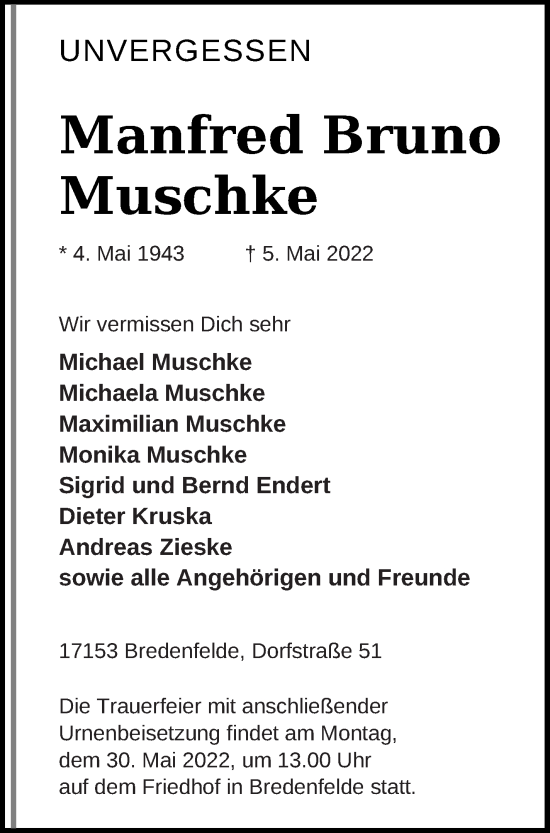 Traueranzeige von Manfred Bruno Muschke von Mecklenburger Schweiz