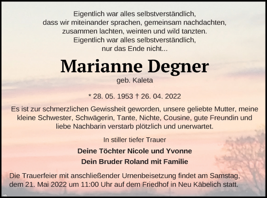 Traueranzeige von Marianne Degner von Neubrandenburger Zeitung