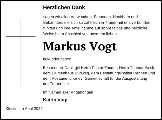 Traueranzeige von Markus Vogt von Vorpommern Kurier