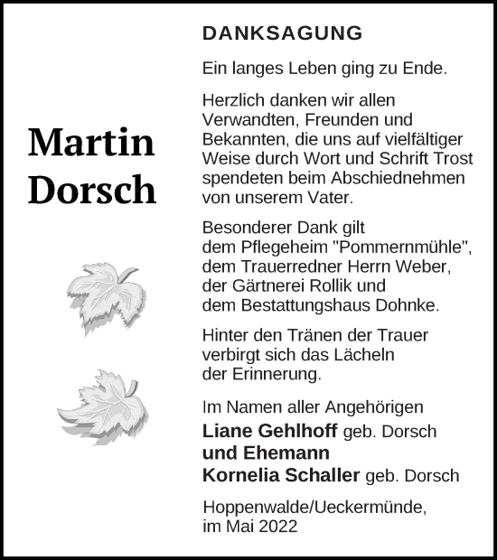 Traueranzeige von Martin Dorsch von Haff-Zeitung