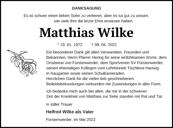 Traueranzeige von Matthias Wilke von Prenzlauer Zeitung