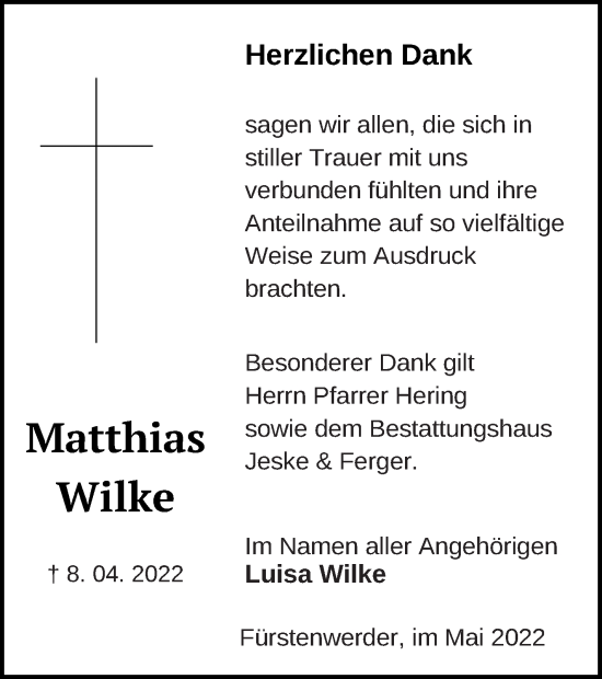 Traueranzeige von Matthias Wilke von Prenzlauer Zeitung