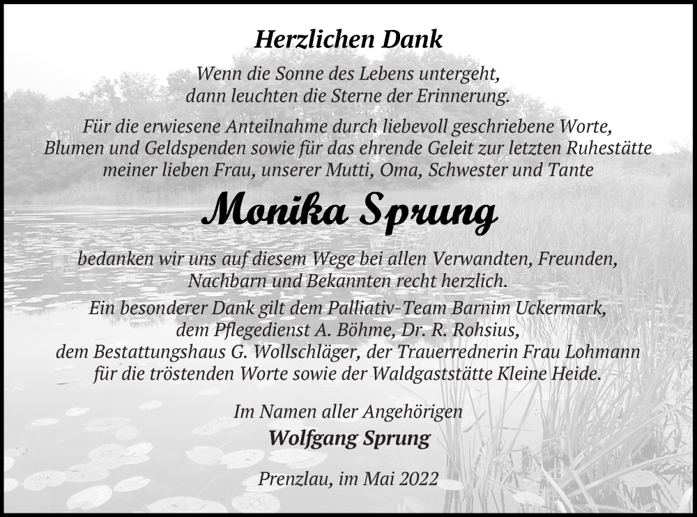  Traueranzeige für Monika Sprung vom 27.05.2022 aus Prenzlauer Zeitung
