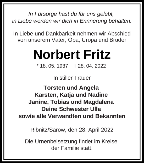 Traueranzeige von Norbert Fritz von Demminer Zeitung