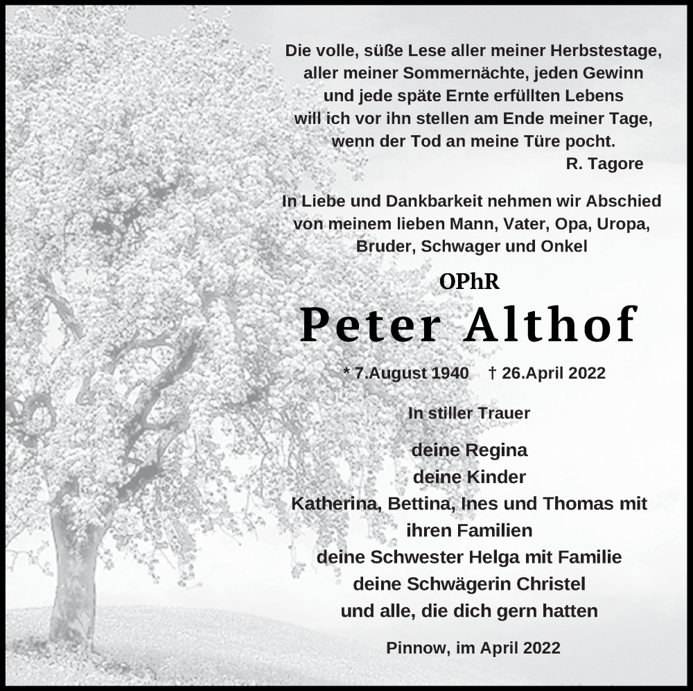  Traueranzeige für Peter Althof vom 13.05.2022 aus Mecklenburger Schweiz