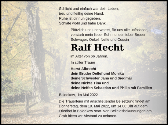 Traueranzeige von Ralf Hecht von Vorpommern Kurier