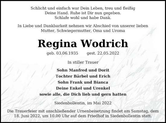 Traueranzeige von Regina Wodrich von Neubrandenburger Zeitung