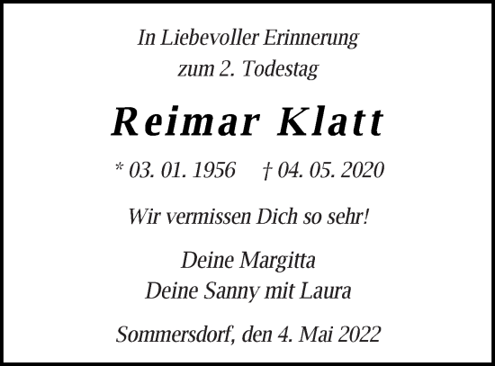 Traueranzeige von Reimar Klatt von Demminer Zeitung