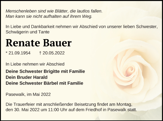 Traueranzeige von Renate Bauer von Pasewalker Zeitung